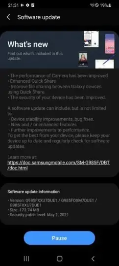Galaxy S20 update Maio
